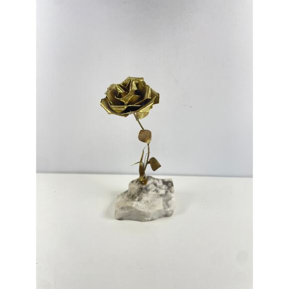 Vtg Metal Brass or Bronze Rose Brutalist Sculpture Mounted on Stone Base 9" - Picture 5 of 5